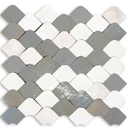 Gray and white fan-shaped tile pattern.