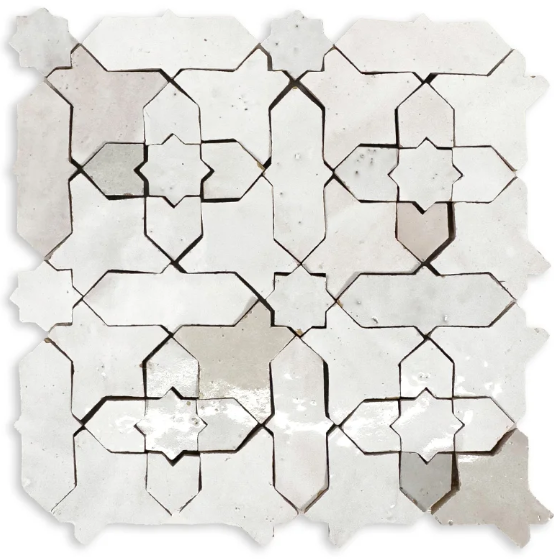 White and light grey patterned geometric tile, with star-like and rectangular shapes.