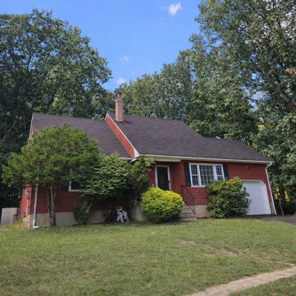 A red-sided house with a grey roof and white trim, surrounded by green trees and a lawn on a sunny day.