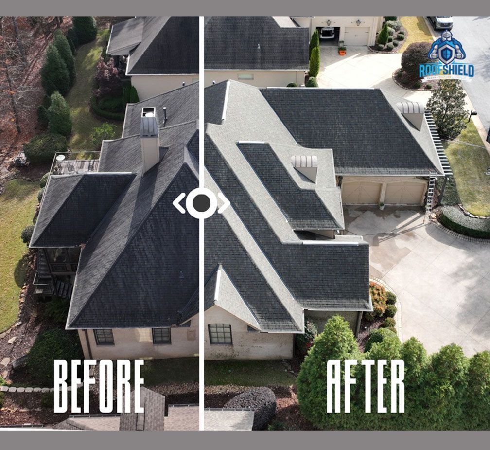 Split image: before and after roof cleaning. Dark roof to clean, light roof.