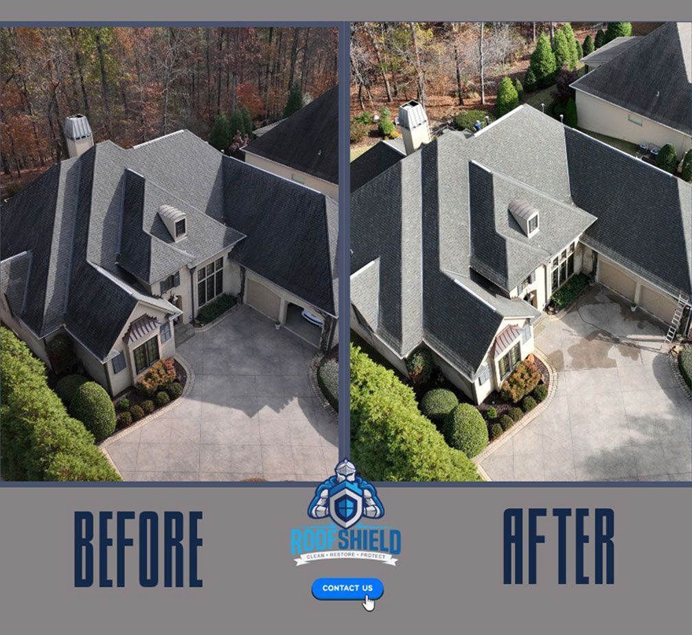 Before and after comparison of a roof cleaning, showing a house with a dirty roof before and a clean roof after.