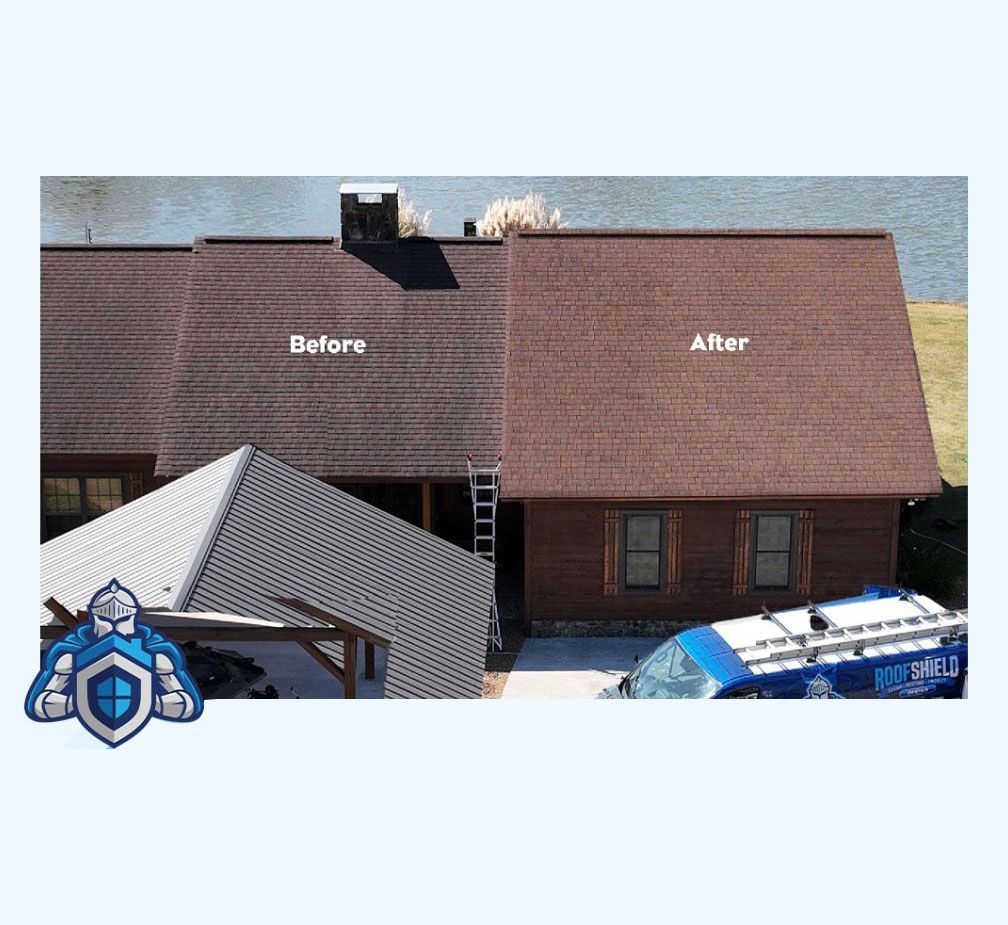 Before and after comparison of a brown roof, showing the result of a cleaning.