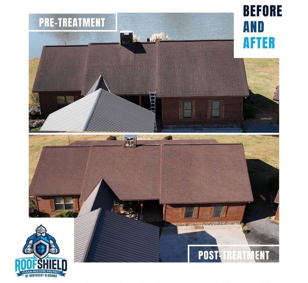 Before and after roof cleaning: Brown roof with visible discoloration before; clean roof after.