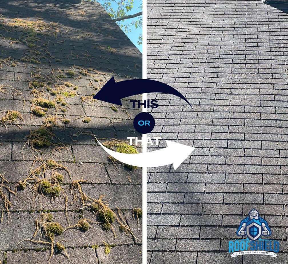 Before and after comparison of a roof: one side covered in moss, the other clean.