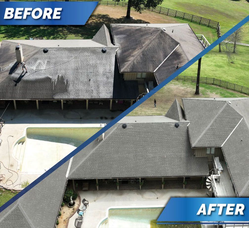 Before and after aerial view of a house with a pool; roof cleaned of algae, grass and fence in the background.