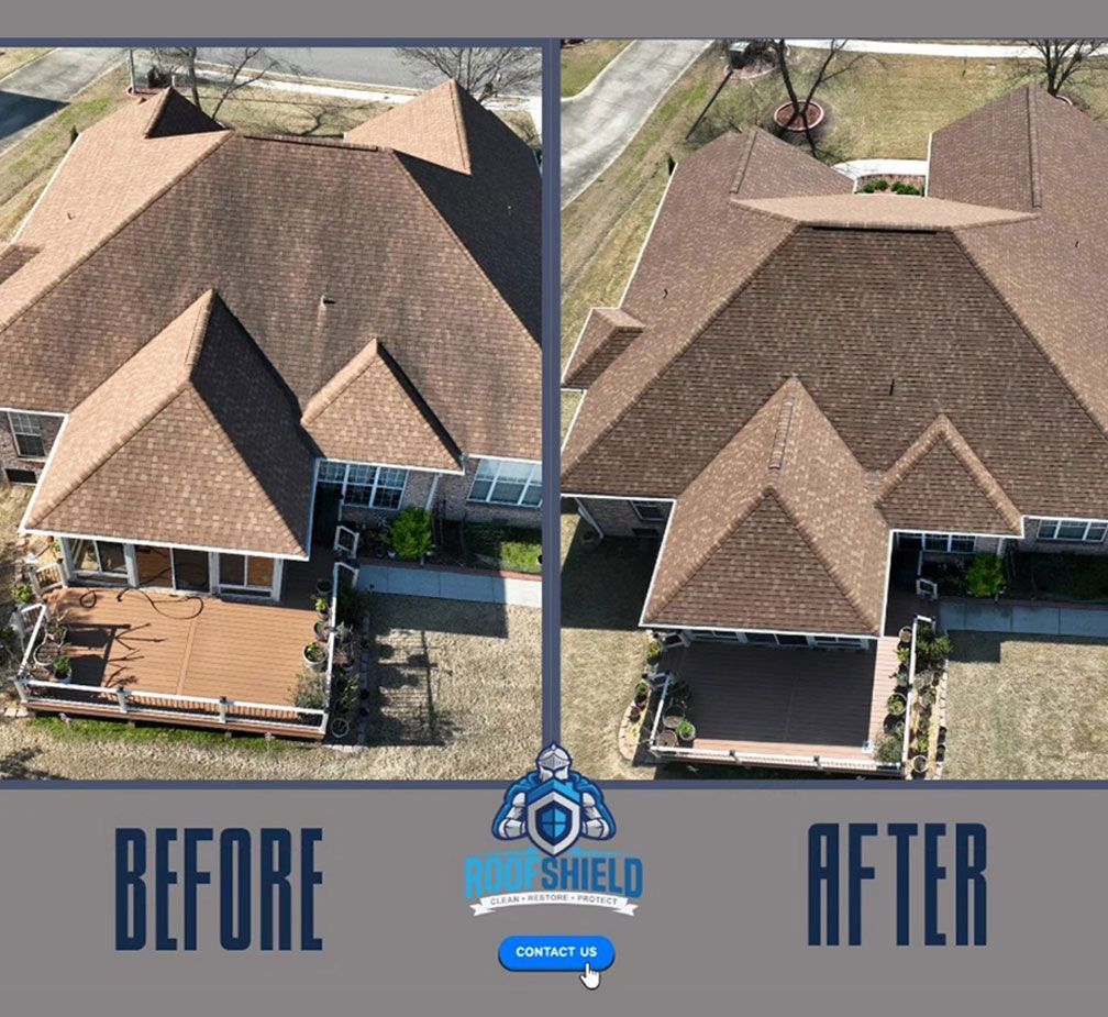 Before and after aerial views of a house roof, showing the contrast in color and condition after a roof treatment.