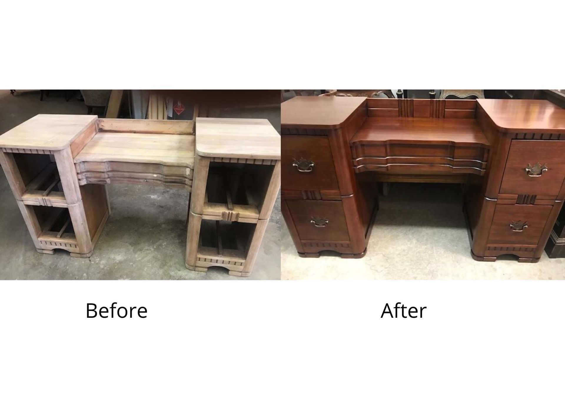 A before and after picture of a wooden desk.