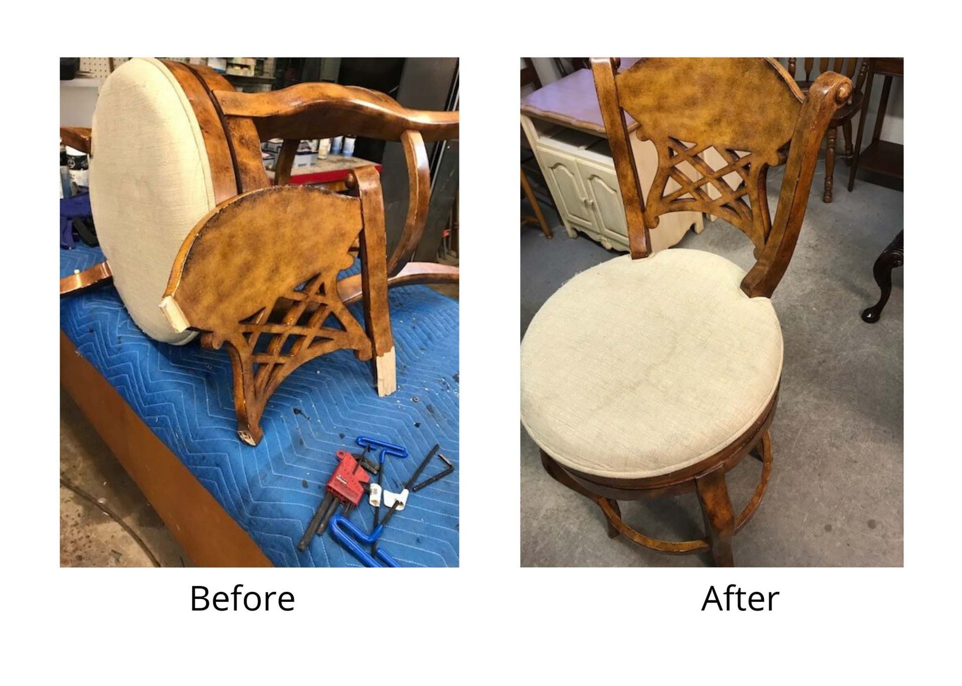 A before and after picture of a chair with a cushion on it.