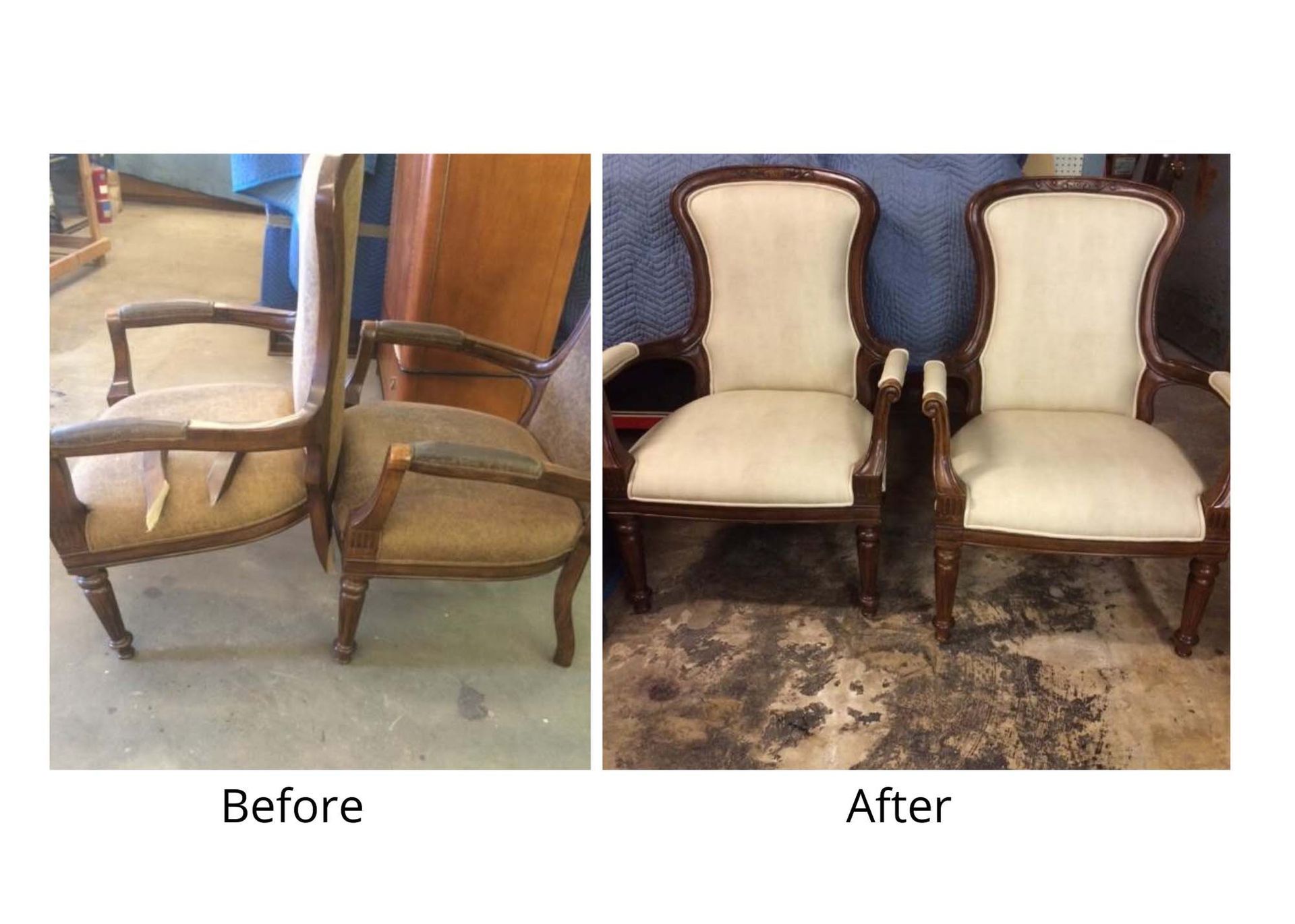A before and after picture of a chair that has been restored