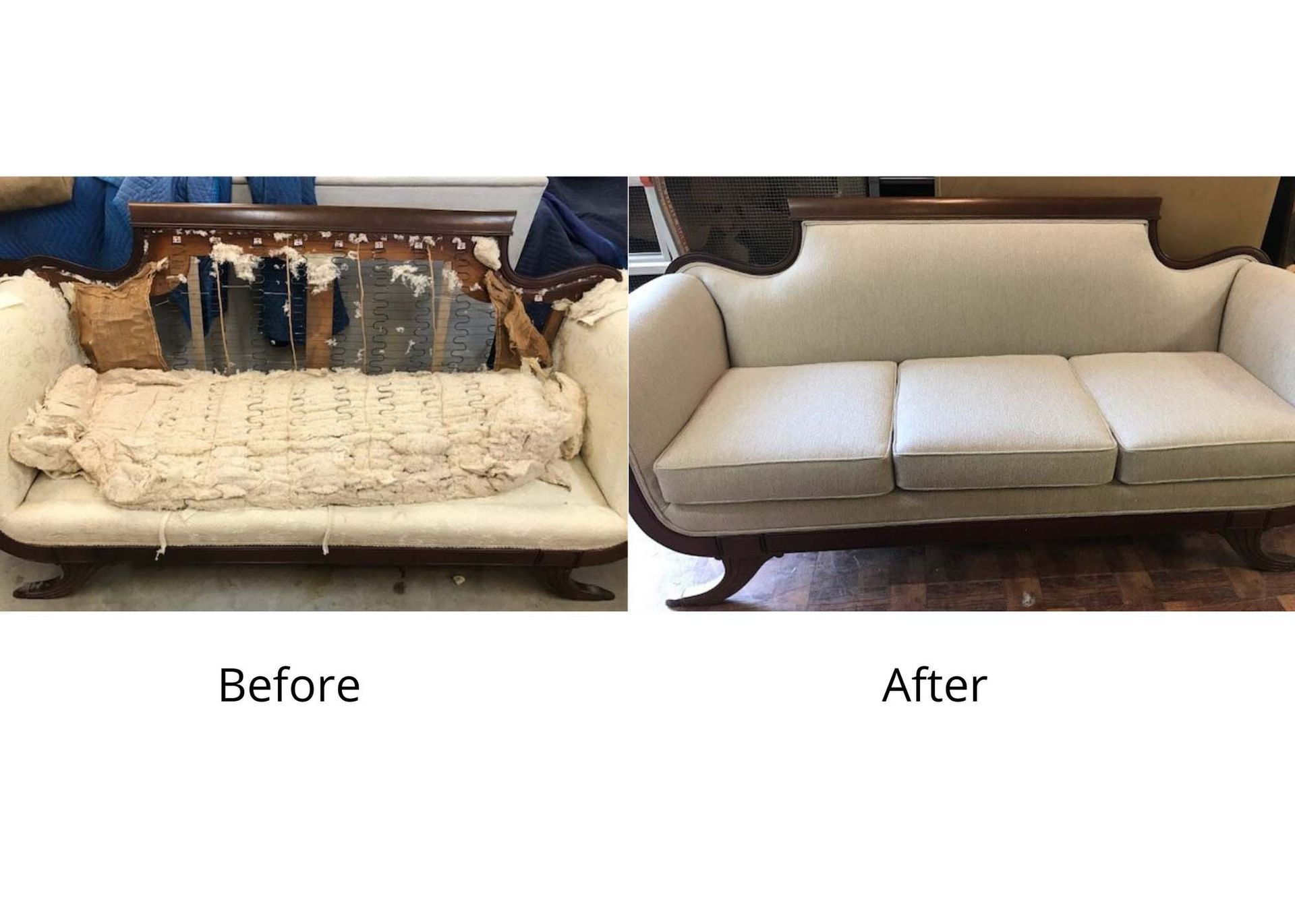 A before and after picture of a couch being restored.