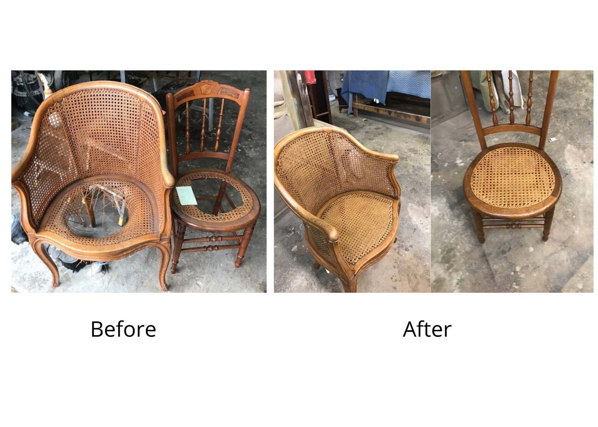 A before and after picture of a wicker chair being restored.