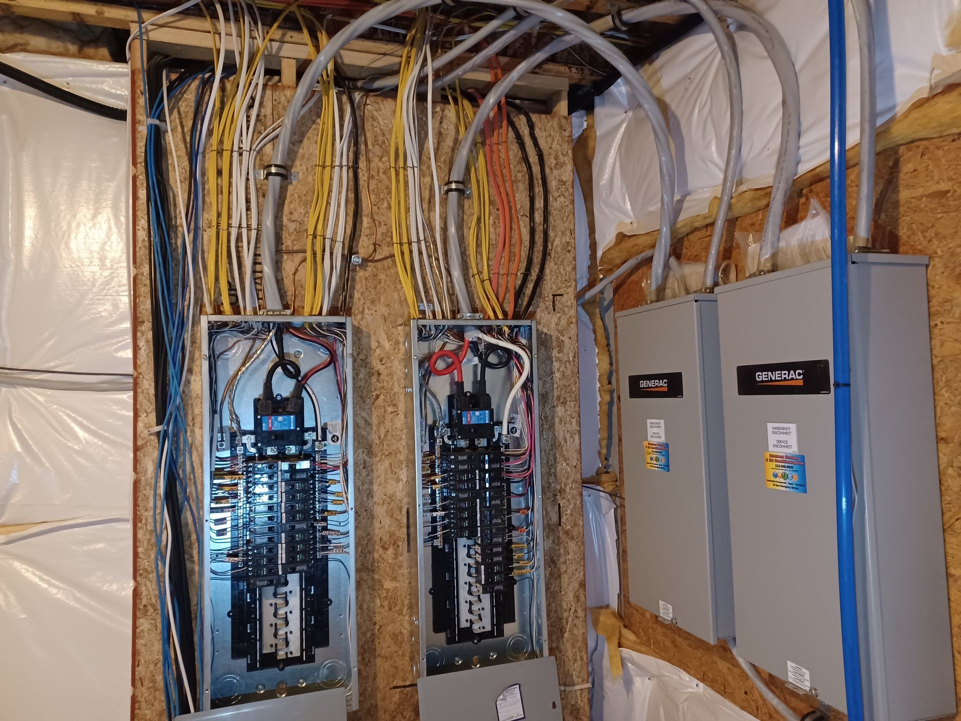 Electrical panels and wiring in a utility room with exposed cables and gray cabinets.