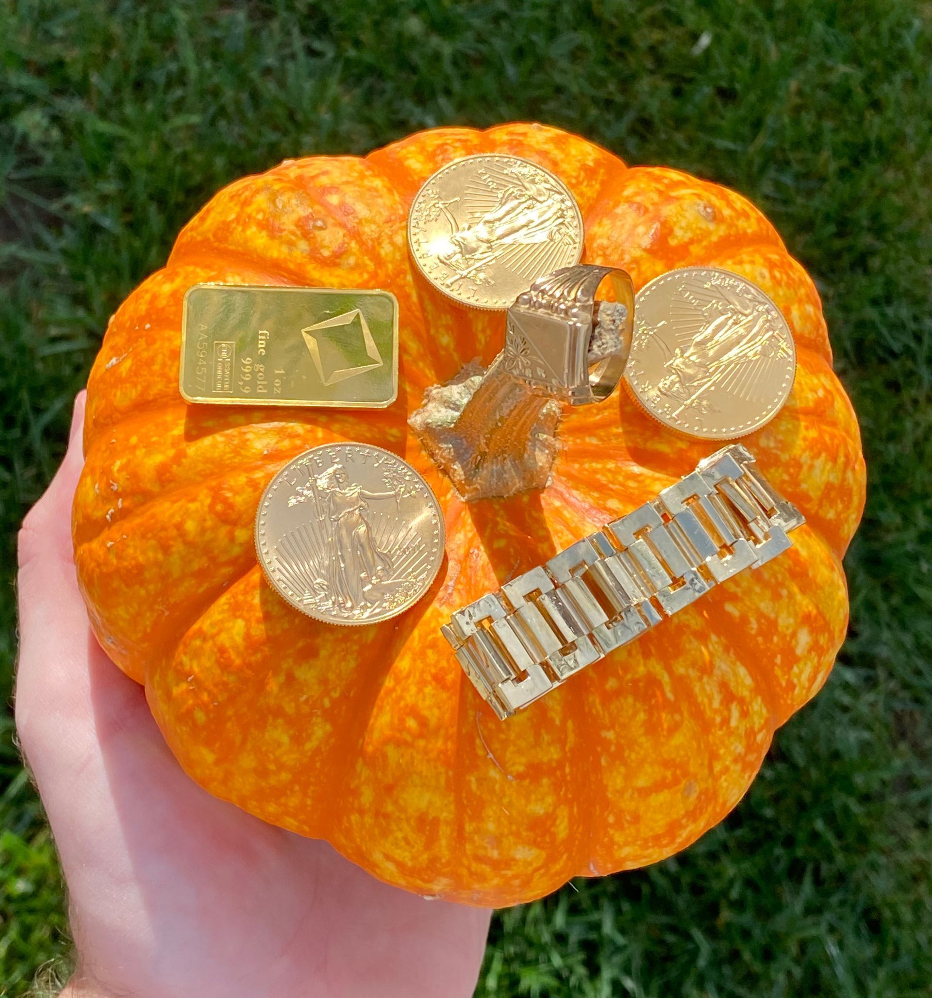 A person is holding a pumpkin with gold coins on it.