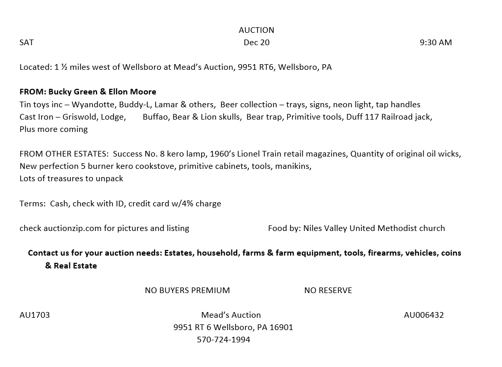Auction flyer, listing items for sale, including tractors, vehicles, and more. Contact information provided.