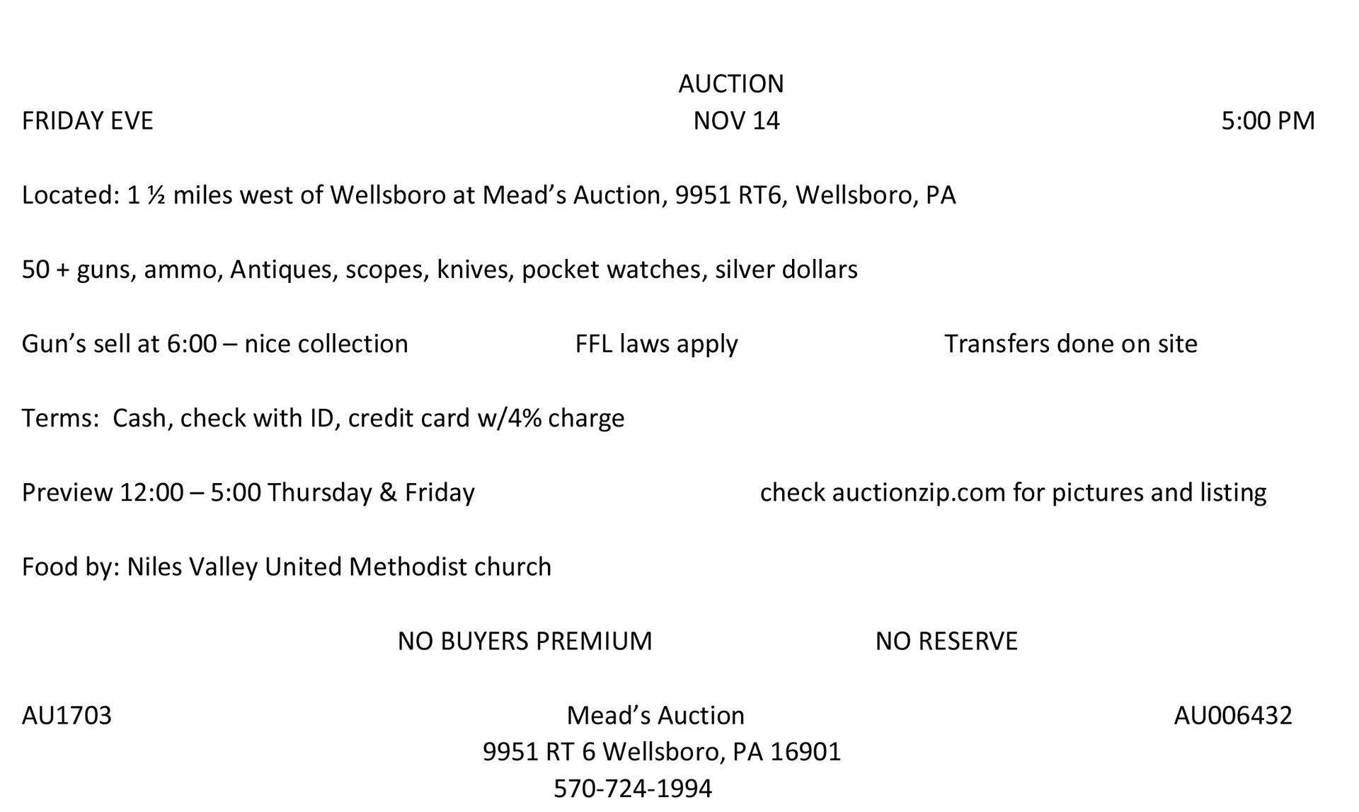 Auction flyer, listing items for sale, including tractors, vehicles, and more. Contact information provided.