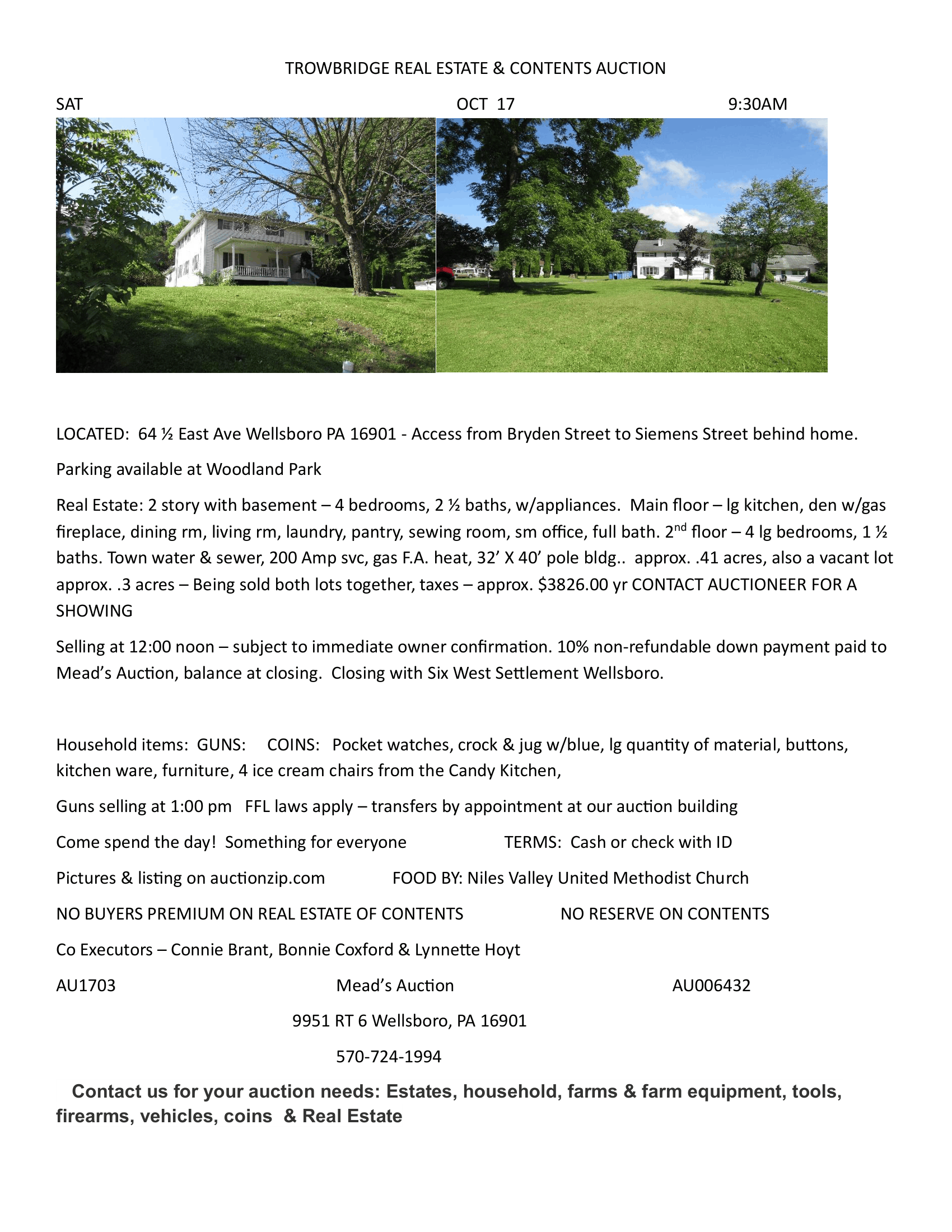 Property listing page with two exterior photos of a brick house and lawn, plus listing details text.