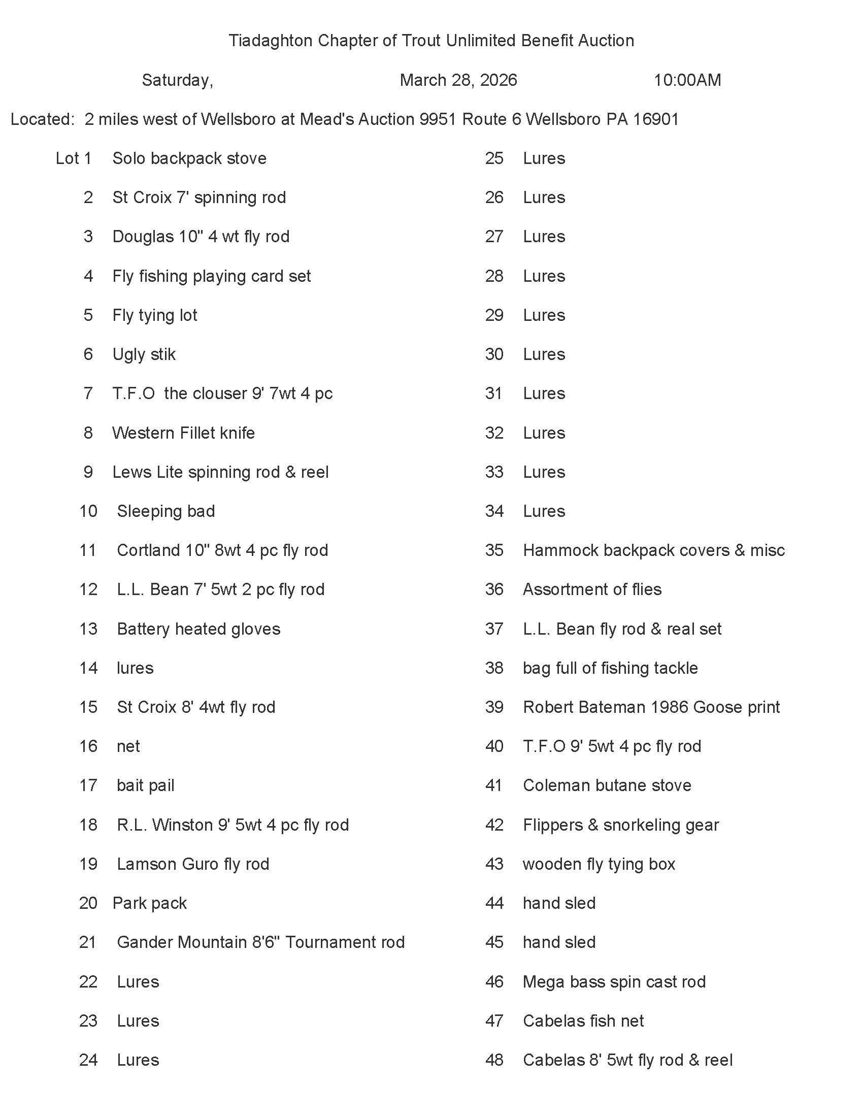 Auction listing for fishing equipment in Watsontown, PA. Items include rods, lures, and more. 