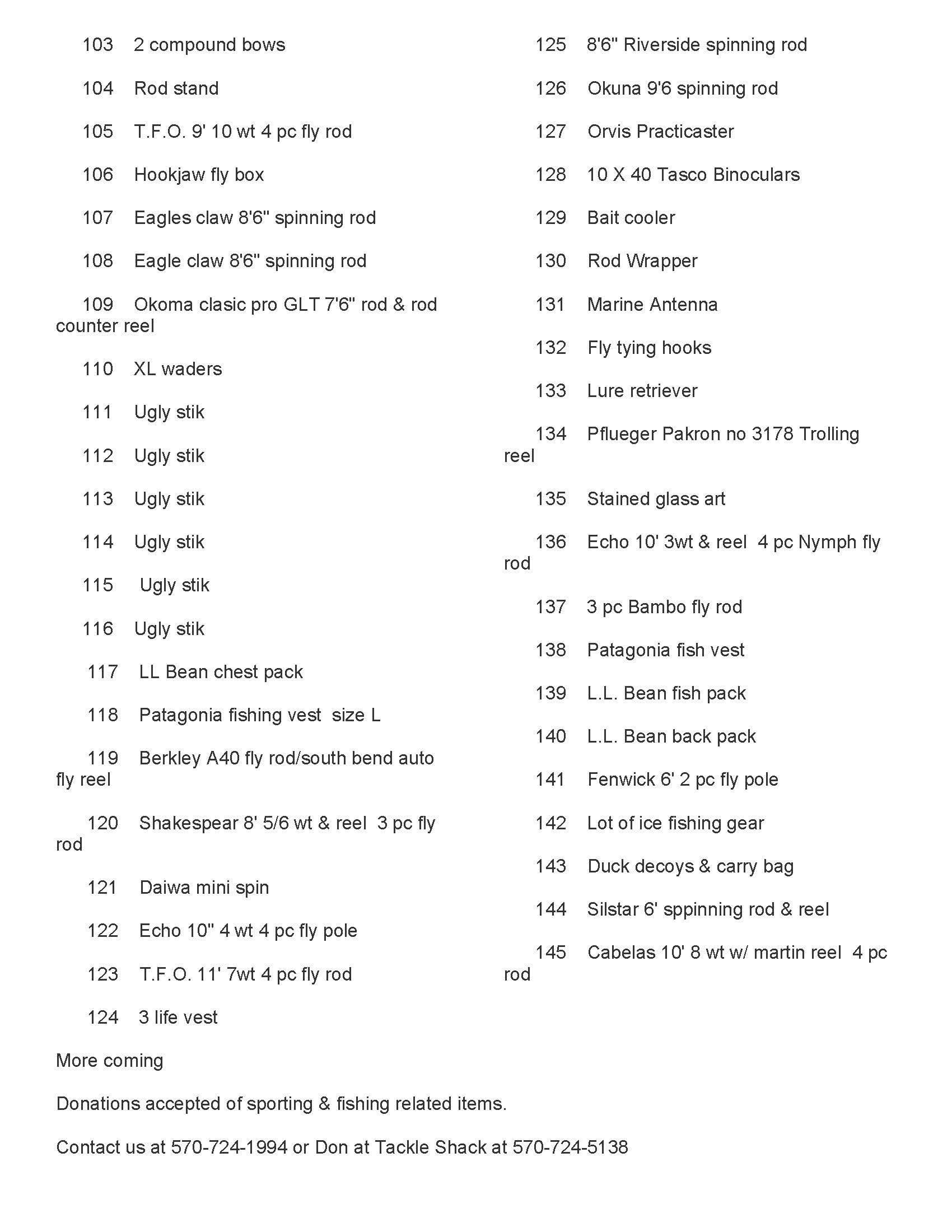 Auction listing for fishing equipment in Watsontown, PA. Items include rods, lures, and more. 