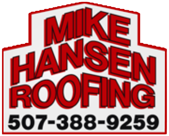 Mike Hansen Roofing logo in red and white with phone number 507-388-9259