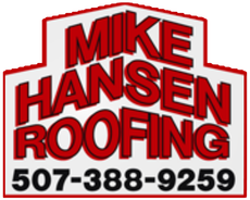 Mike Hansen Roofing logo in red and white with phone number 507-388-9259