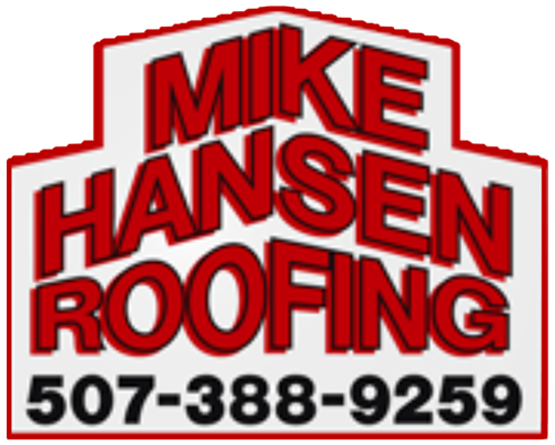 Mike Hansen Roofing logo in red and white with phone number 507-388-9259