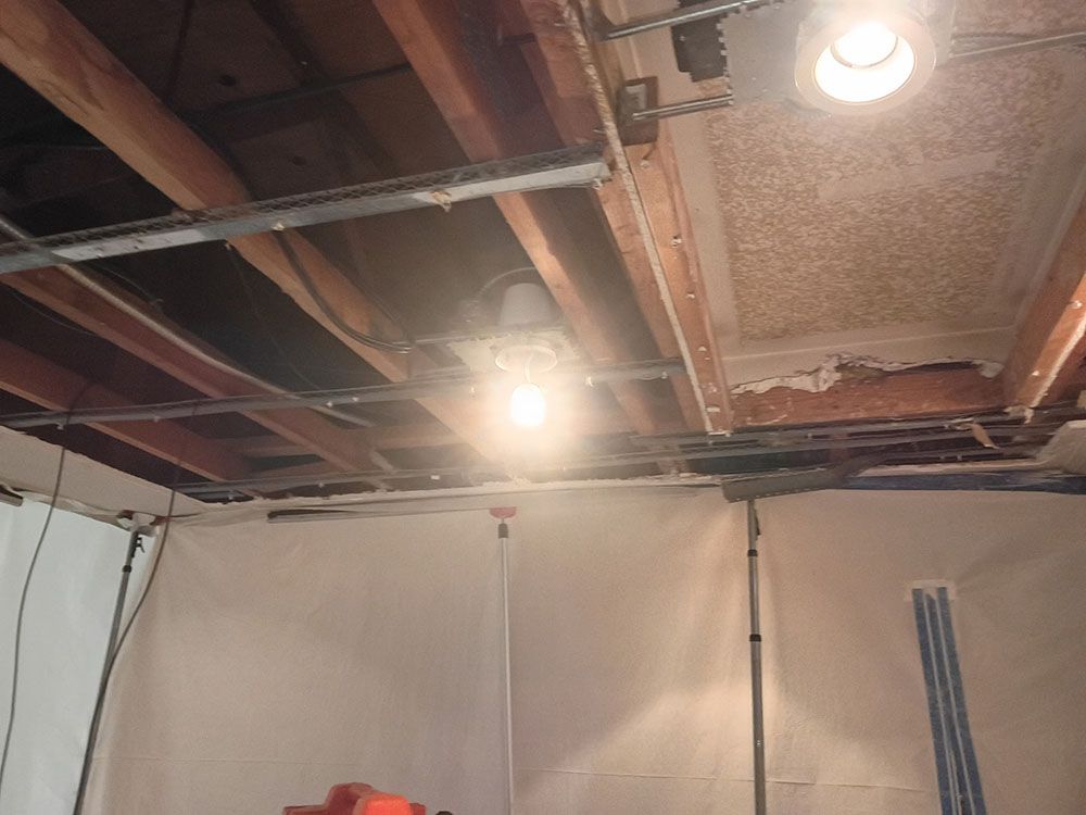 Damaged ceiling with exposed beams, insulation, and two lit bulbs in an unfinished room