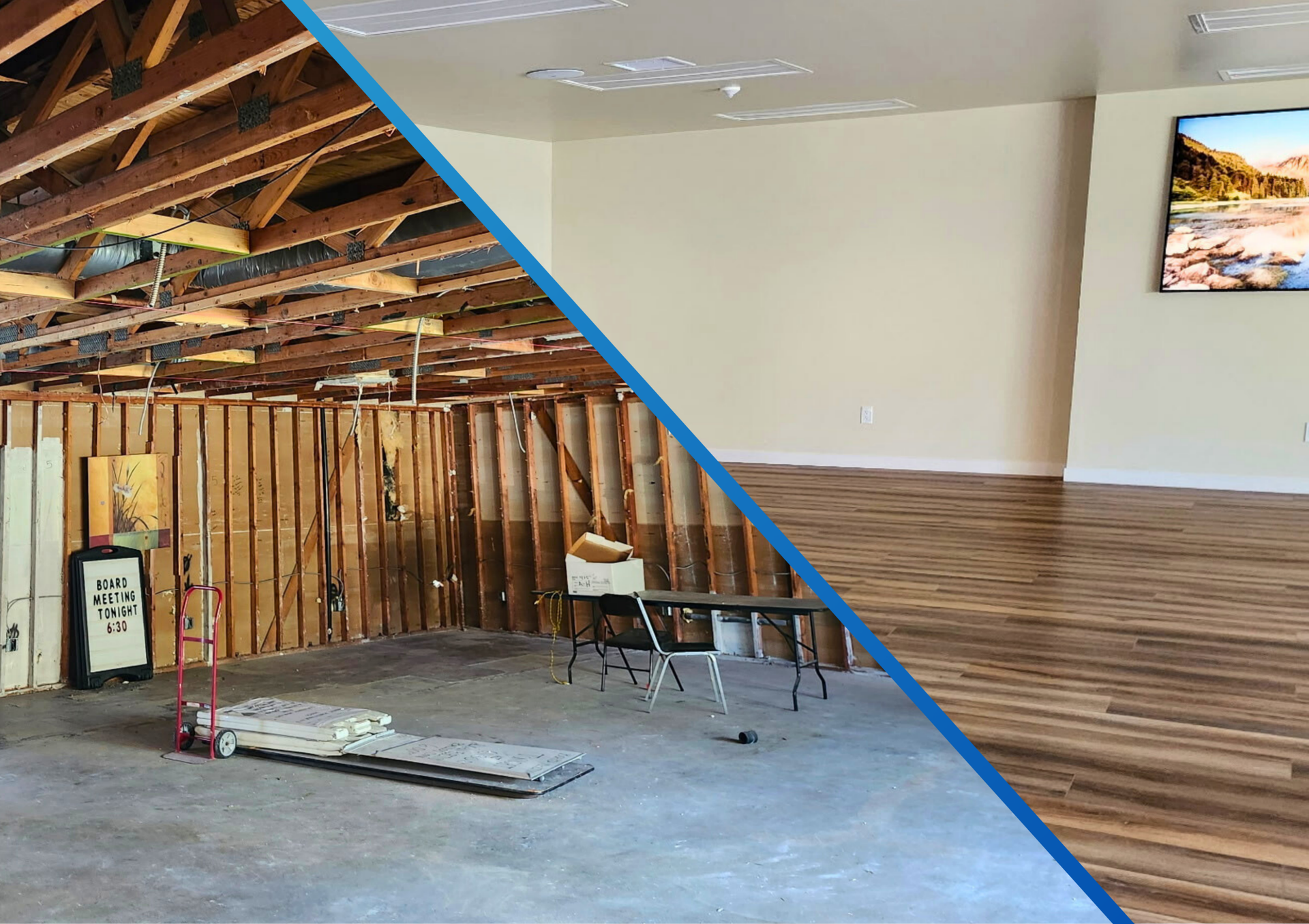 Before-and-after room renovation: exposed wood framing and unfinished concrete floor transforms into a finished room with flooring and painted walls.