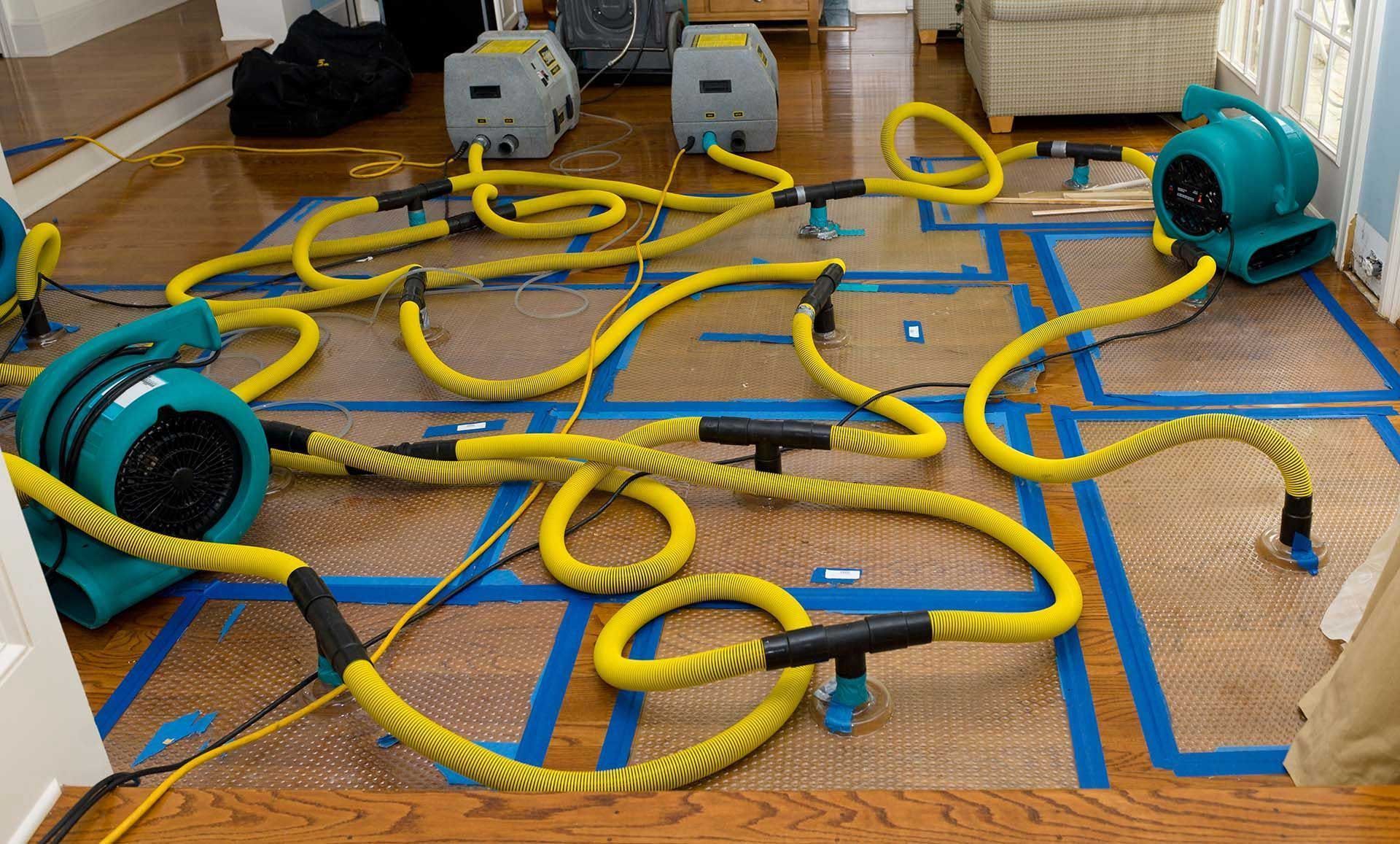 Floor drying equipment set up on wood floor. Green blowers connected by yellow hoses on taped plastic sheets.