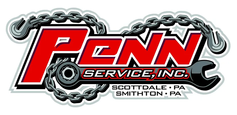 Penn Service logo with red letters, a wrench, chains, and the locations: Scottsdale, PA and Smithton, PA.