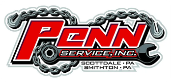 Penn Service logo with red letters, a wrench, chains, and the locations: Scottsdale, PA and Smithton, PA.