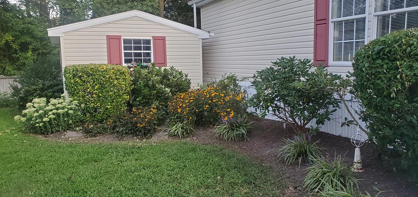 A mobile home with a shed in the backyard.