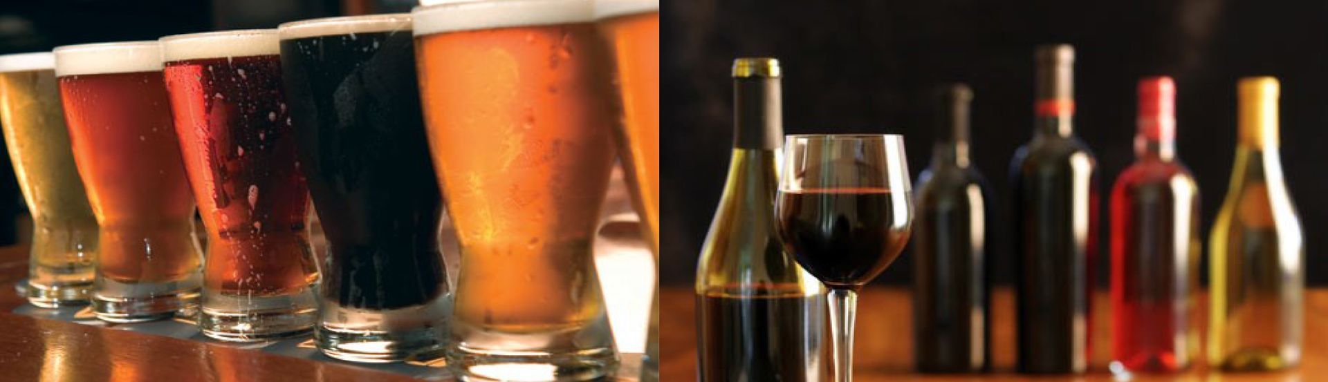 A row of beer glasses and wine bottles on a bar