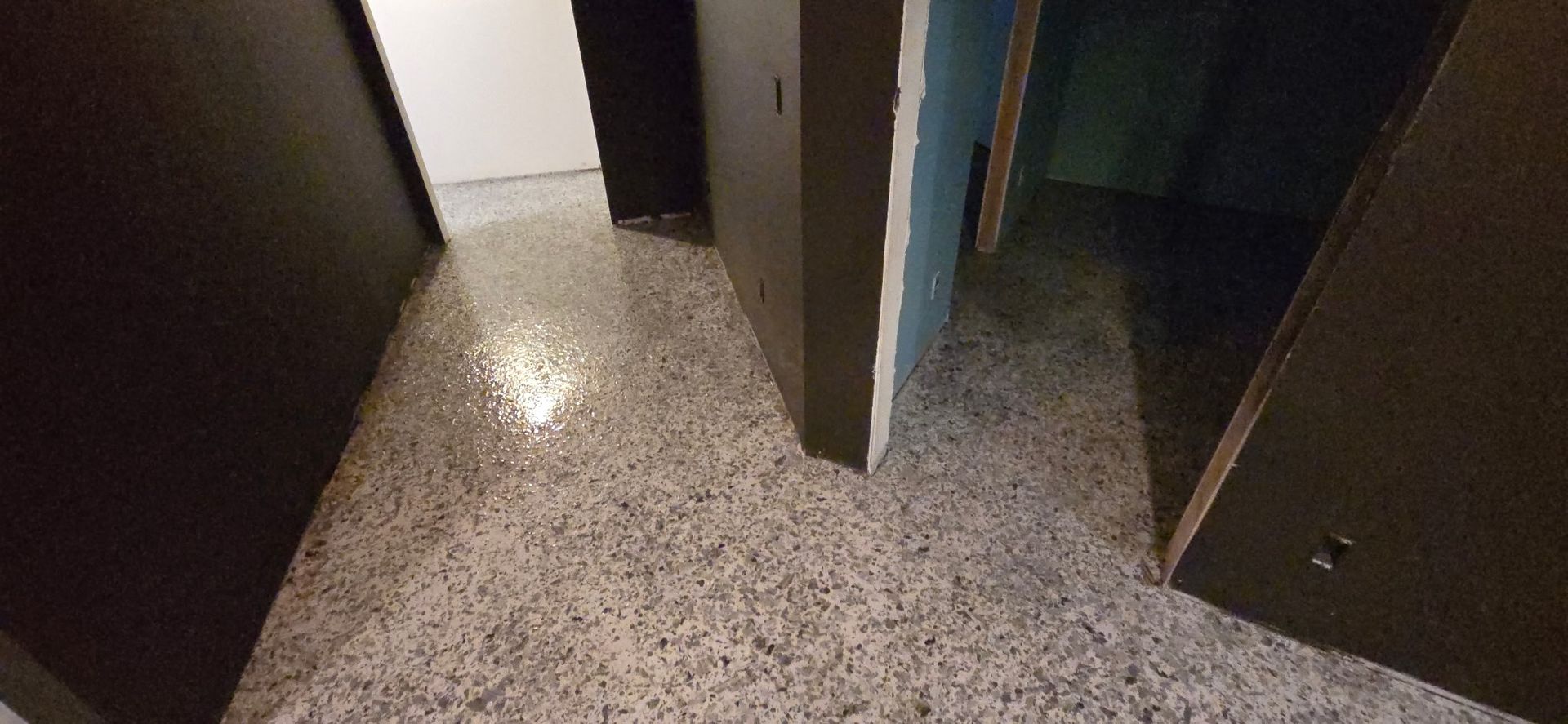 Hallway with speckled floor, open doors, and dim lighting.