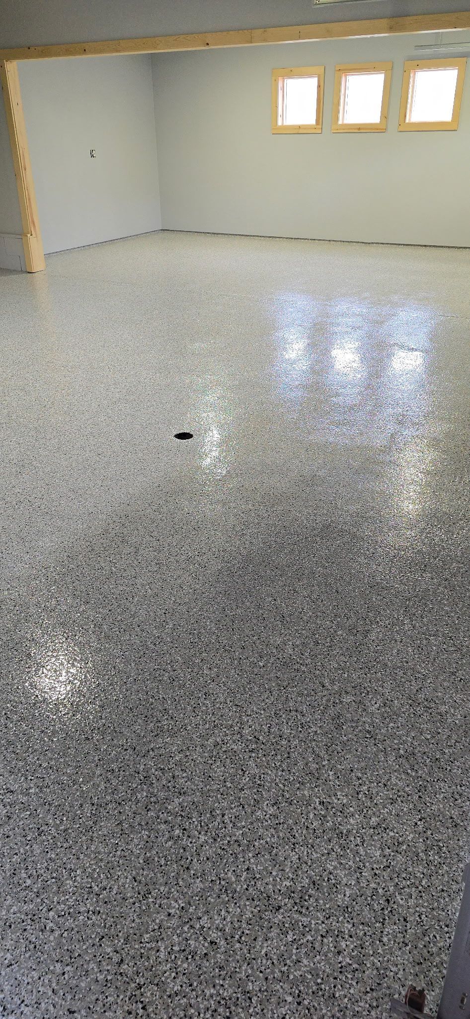 Room with a speckled, shiny floor. White walls, natural light from windows.