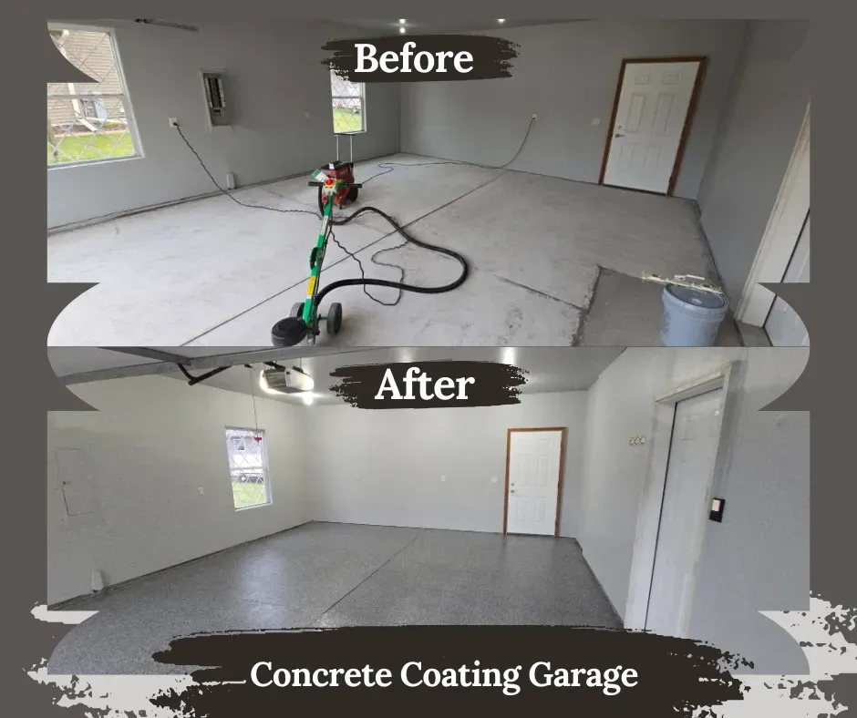 Before/after garage renovation, with concrete coating applied. Garage interior, gray floor, white walls.