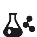 A black and white icon of a beaker and molecules.