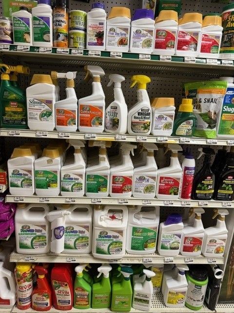 Shelves stocked with various pesticide spray bottles in a store.