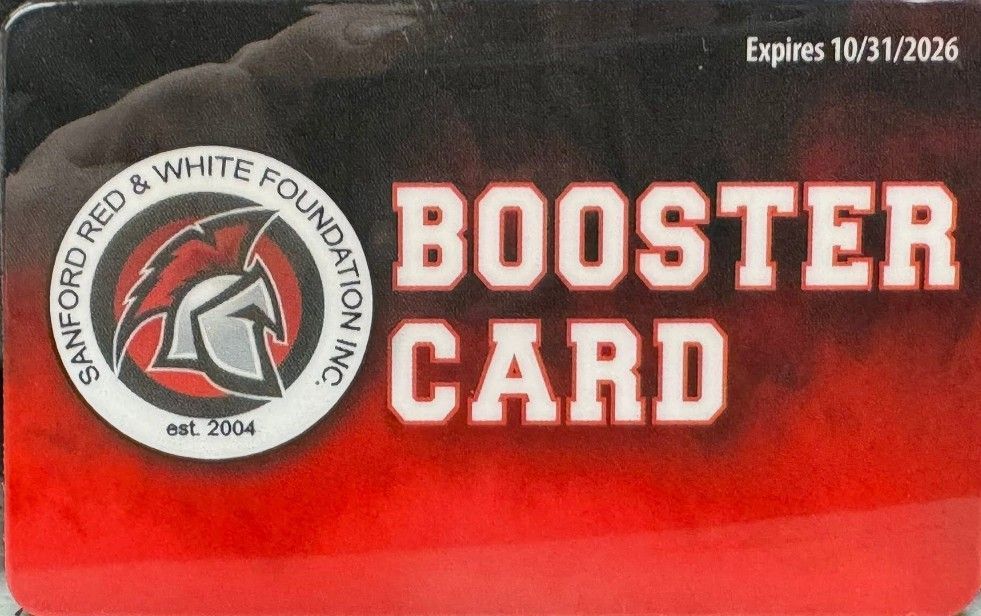 Booster card for Sanford Red & White Foundation. Logo features a Spartan helmet. Expires 10/31/2026.