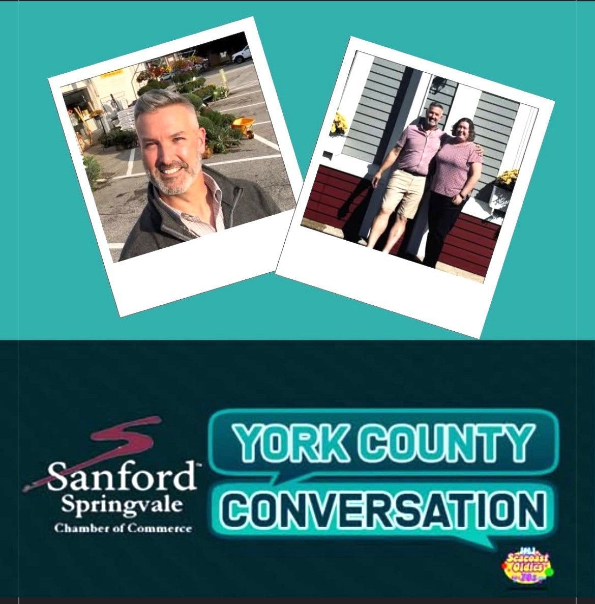Two photos: A man smiling outside and a couple outside a home. York County Conversation logo.