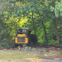 A yellow tractor is driving down a dirt road in the woods.