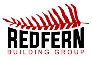 Logo for Redfern Building Group featuring a red fern leaf icon above the company name in black and red text.