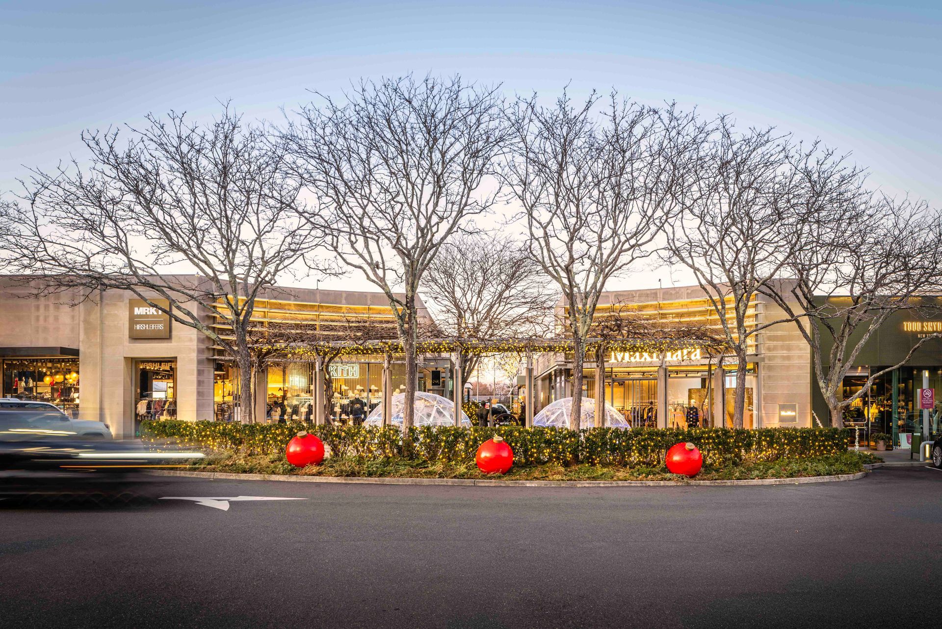 A shopping center entrance decorated for the holidays, with leafless trees, red ornaments, and a blurred car passing in the foreground.