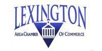 Logo for the Lexington Area Chamber of Commerce, featuring the text in blue and a triangular icon of a building.