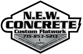 Logo for N.E.W. Concrete, with "Custom Flatwork" text and a phone number on a concrete block graphic within a black-outlined shape.