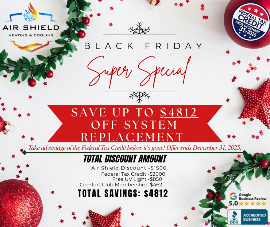 Black Friday HVAC sale ad: save up to $4812 on system replacement. Includes discounts & tax credit. Festive holiday decorations surround text.