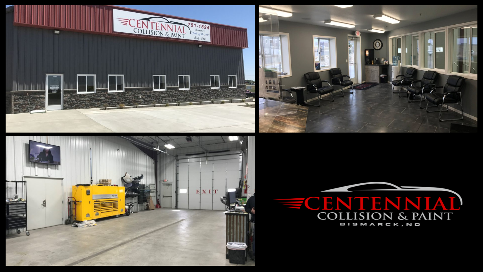 a collage of interior and exterior photos and the business logo of Centennial Collision & Paint