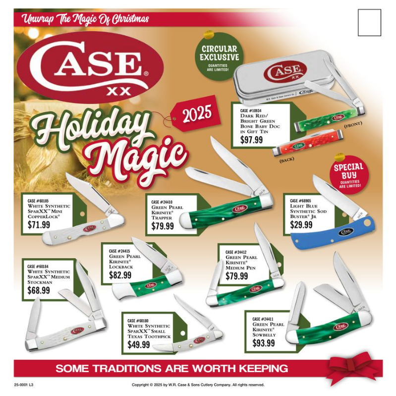 Case XX holiday knife advertisement. Various pocket knives with different blade styles and colors, set against a holiday-themed background.