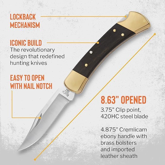 Black folding knife with brass accents, open blade, and labeled features on a light background