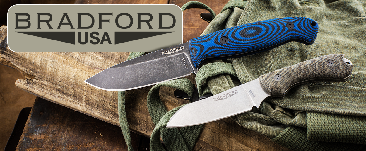 BRADFORD USA logo with two folding knives, one blue-handled and one green-handled, on a textured surface