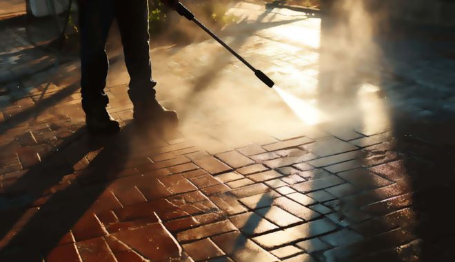 Person pressure-washing a brick sidewalk with bright light and steam on the wet pavement